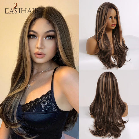 EASIHAIR Long Brown Ombre Synthetic Wigs for Women - Natural Wavy Cosplay Wig