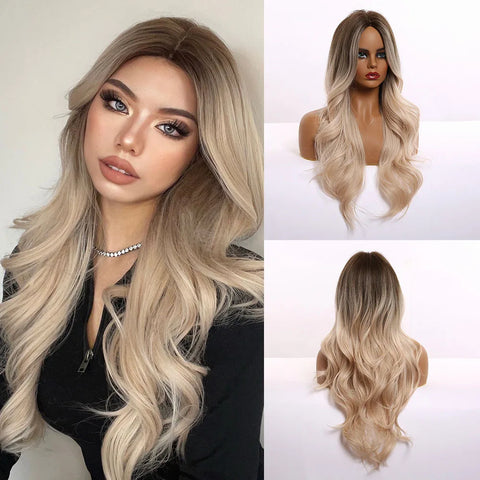 EASIHAIR Long Brown Ombre Synthetic Wigs for Women - Natural Wavy Cosplay Wig