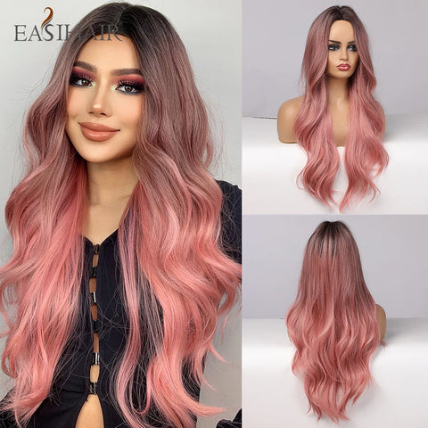 EASIHAIR Long Brown Ombre Synthetic Wigs for Women - Natural Wavy Cosplay Wig