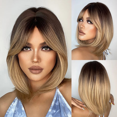 Medium Straight Synthetic Bob Wig Dark Black Brown Short Wigs With Bangs for Women Cosplay Daily Layered Hair Heat Resistant