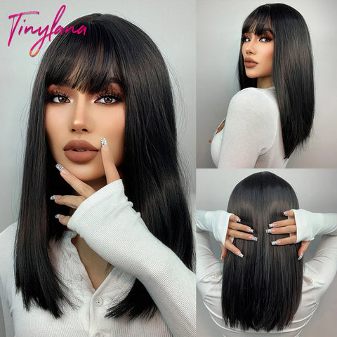 Medium Straight Synthetic Bob Wig Dark Black Brown Short Wigs With Bangs for Women Cosplay Daily Layered Hair Heat Resistant