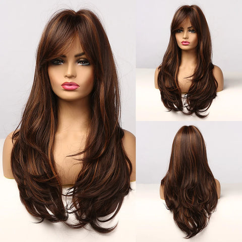 EASIHAIR Long Brown Ombre Synthetic Wigs for Women - Natural Wavy Cosplay Wig