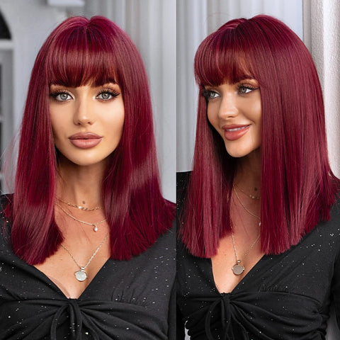 Medium Straight Synthetic Bob Wig Dark Black Brown Short Wigs With Bangs for Women Cosplay Daily Layered Hair Heat Resistant