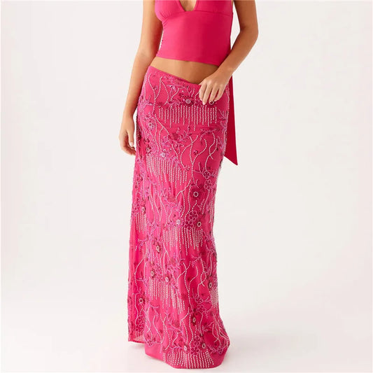 Hirigin Women Sequin Beaded Maxi Skirt - Sparkly High Waist Bodycon Evening Wear