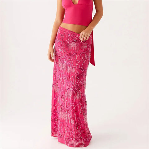 Hirigin Dames Pailletten Kralen Maxi Rok - Glinsterende Hoge Taille Bodycon Avondkleding