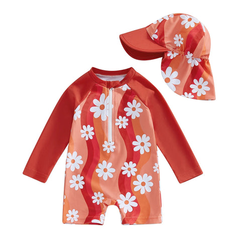 Tregren Toddler Girl Long Sleeve Swimsuit with Sun Hat