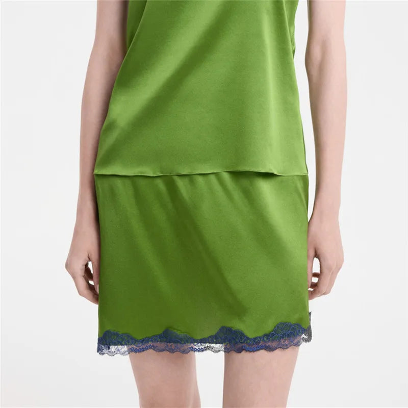 Hirigin Summer French Women Satin Pajama Skirts with Lace Trim