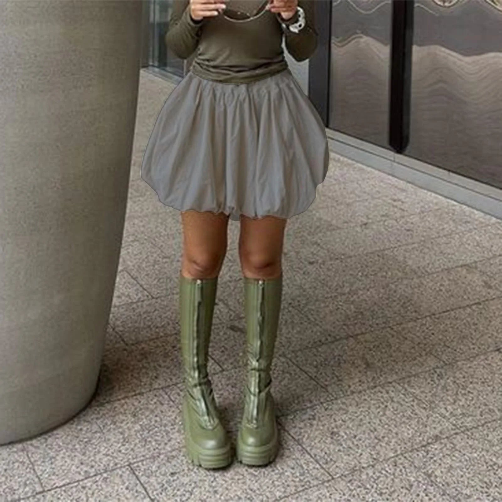 Hirigin Women Y2K Bubble Skirt - Elastic Waist Pleated Ruffle Hem A-Line Mini Skirt