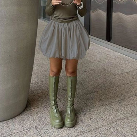 Hirigin Women Y2K Bubble Skirt - Elastic Waist Pleated Ruffle Hem A-Line Mini Skirt