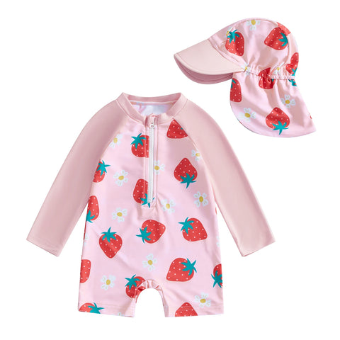 Tregren Toddler Girl Long Sleeve Swimsuit with Sun Hat