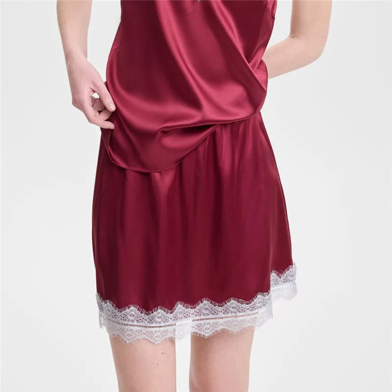 Hirigin Summer French Women Satin Pajama Skirts with Lace Trim