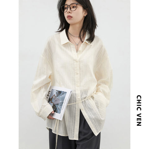 CHIC VEN Women Cotton Striped Waist Shirt