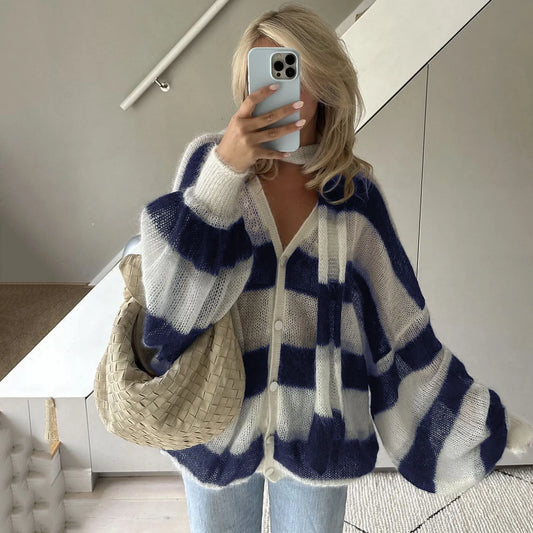 TARUXY Mode Gestreepte Trui Cardigan met Sjaal - Retro Lantaarnmouw Gebreide Top voor Dames