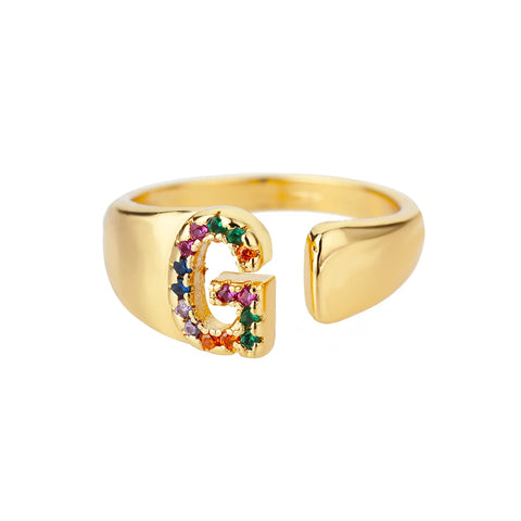 Rainbow Zircon Letter Rings - Stylish A-Z Chunky Wide Stainless Steel Jewelry for Women