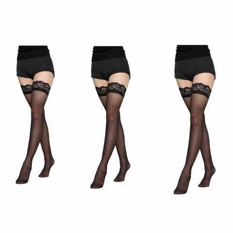Floral Lace Patchwork Over Knee Thigh High Stockings for Women in Red and Black