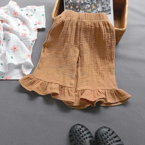Spring Summer Korean Girl's Ruffle Capris Pants