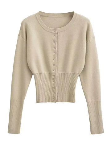 Tossy Autumn Fashion Knitwear Cardigan Top for Women - Ribbed Patchwork Slim Casual Cropped Inner Top