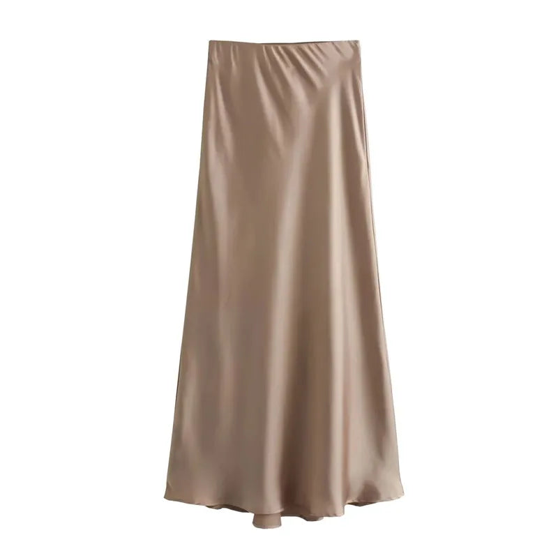 MUJER 2025 Satin Midi Skirt for Women - High Waist Elegant Black Skirt for Office and Summer