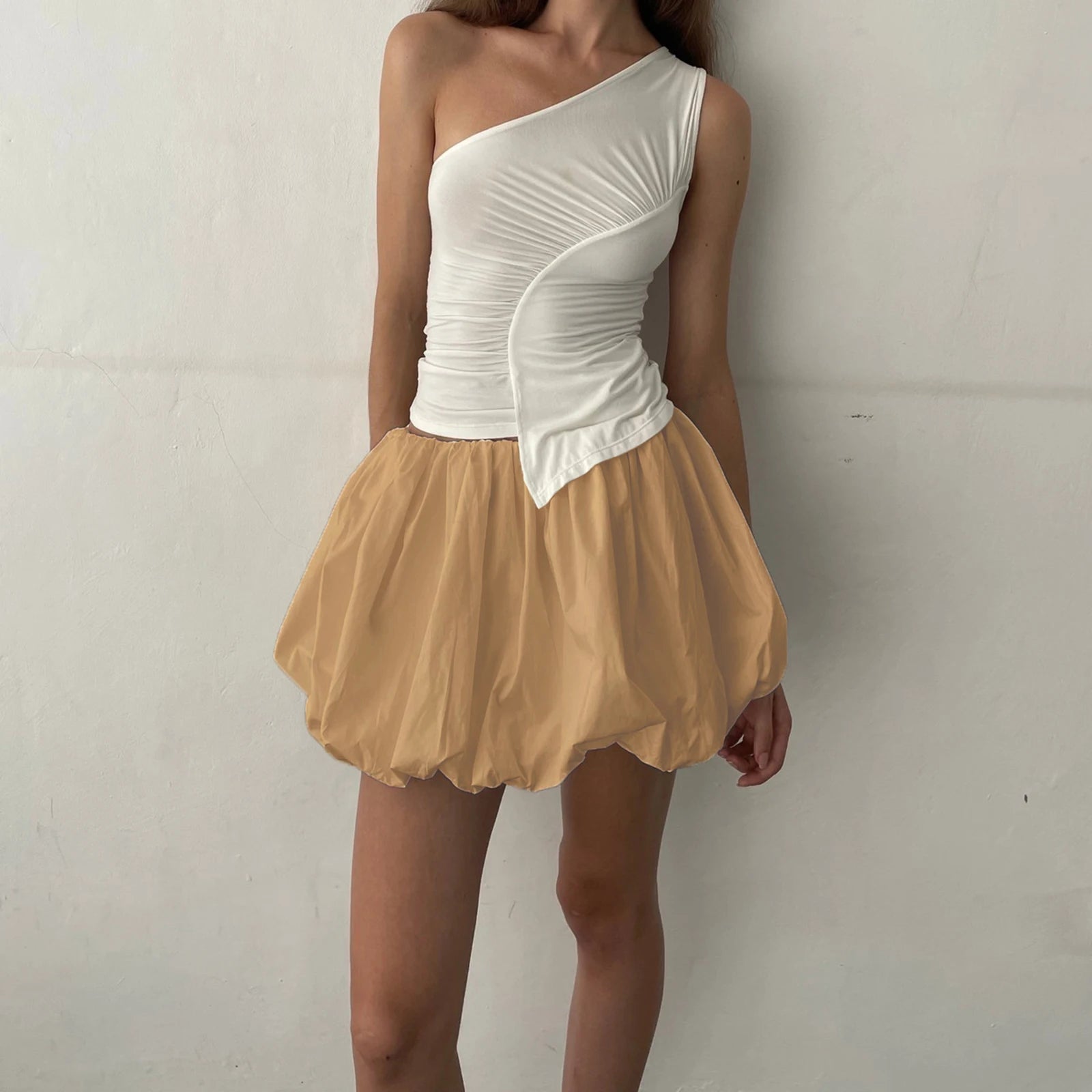 Hirigin Women Y2K Bubble Skirt - Elastic Waist Pleated Ruffle Hem A-Line Mini Skirt