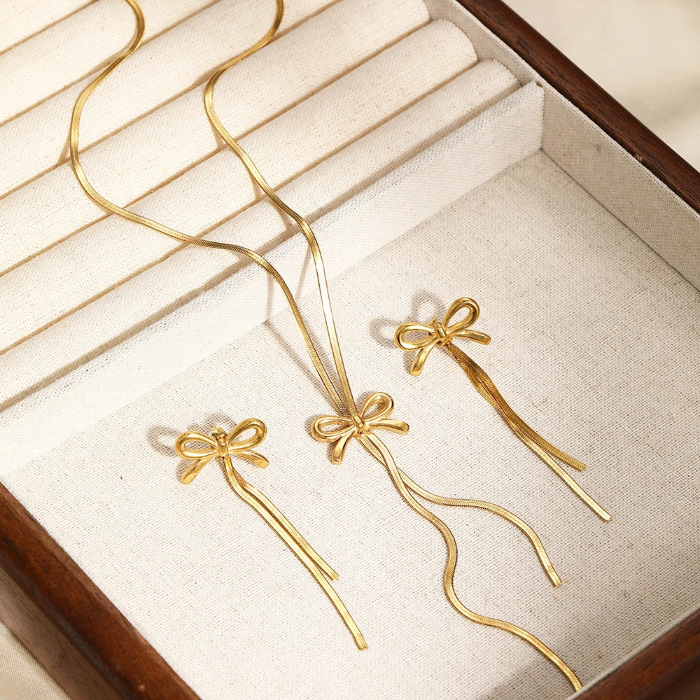 DGIDDK Stainless Steel Necklace - Delicate Bow Tassel Collar Chain for Women