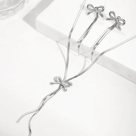 DGIDDK Stainless Steel Necklace - Delicate Bow Tassel Collar Chain for Women