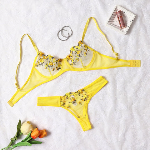 Elegant New Wine See-Through Lingerie Two-Piece Set with Thong and Push-Up Bra