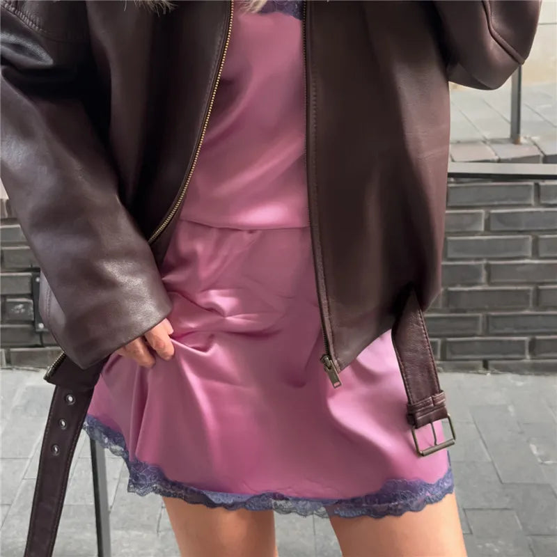 Hirigin Summer French Women Satin Pajama Skirts with Lace Trim