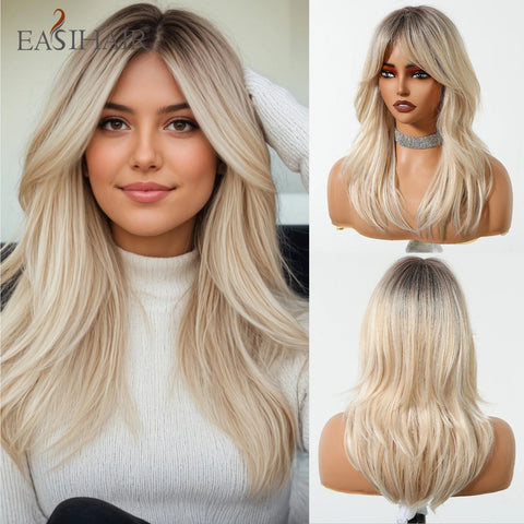 EASIHAIR Long Wavy Brown Synthetic Wig for Women with Side Bangs - Natural Look, Heat Resistant for Daily Wear