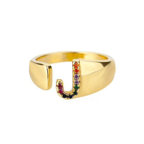 Rainbow Zircon Letter Rings - Stylish A-Z Chunky Wide Stainless Steel Jewelry for Women