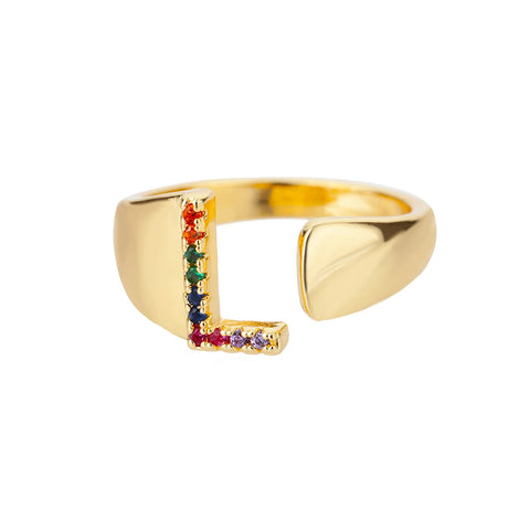 Rainbow Zircon Letter Rings - Stylish A-Z Chunky Wide Stainless Steel Jewelry for Women