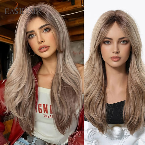 EASIHAIR Long Wavy Brown Synthetic Wig for Women with Side Bangs - Natural Look, Heat Resistant for Daily Wear