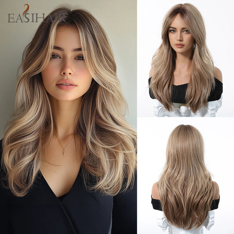 EASIHAIR Long Brown Ombre Synthetic Wigs for Women - Natural Wavy Cosplay Wig