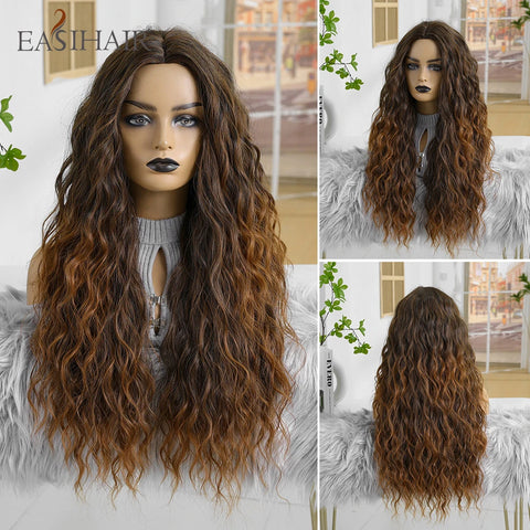 EASIHAIR Long Brown Ombre Synthetic Wigs for Women - Natural Wavy Cosplay Wig