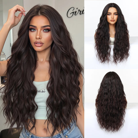 EASIHAIR Long Wavy Brown Synthetic Wigs for Women - Natural Curly Hair with Bangs for Daily Use and Cosplay