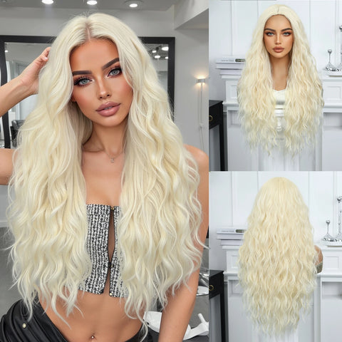 EASIHAIR Long Wavy Brown Synthetic Wigs for Women - Natural Curly Hair with Bangs for Daily Use and Cosplay