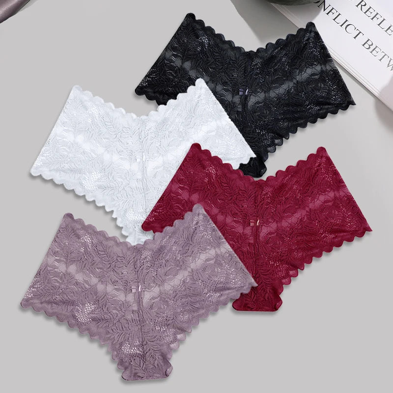 FINETOO 4pcs Lace Floral Boyshorts Underwear for Women