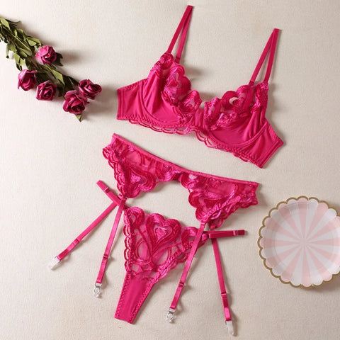 Luxury Lace Embroidery 3-Piece Pushup Bra and Briefs Set