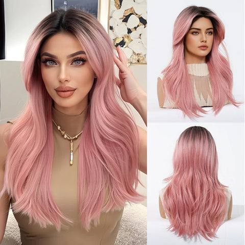 EASIHAIR Long Wavy Brown Synthetic Wigs for Women - Natural Curly Hair with Bangs for Daily Use and Cosplay