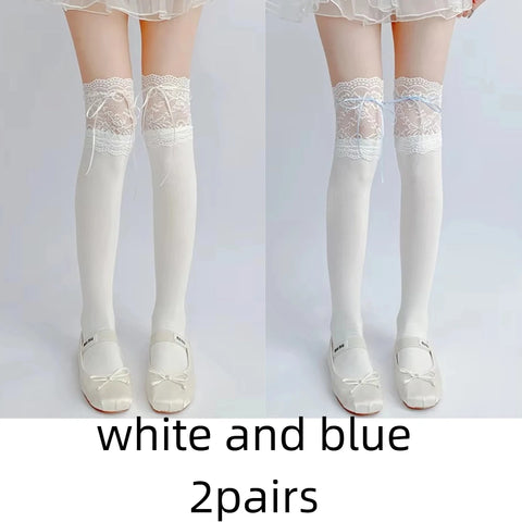Cute White Lace Tied Ribbon Velvet Over Knee Socks for Women