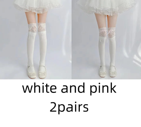 Cute White Lace Tied Ribbon Velvet Over Knee Socks for Women