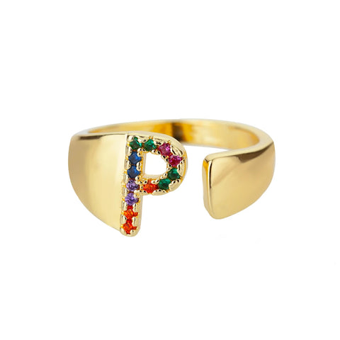 Rainbow Zircon Letter Rings - Stylish A-Z Chunky Wide Stainless Steel Jewelry for Women