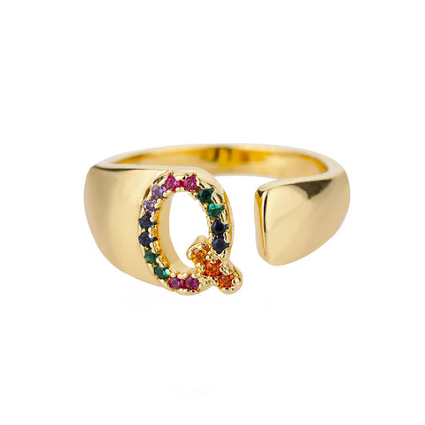Rainbow Zircon Letter Rings - Stylish A-Z Chunky Wide Stainless Steel Jewelry for Women