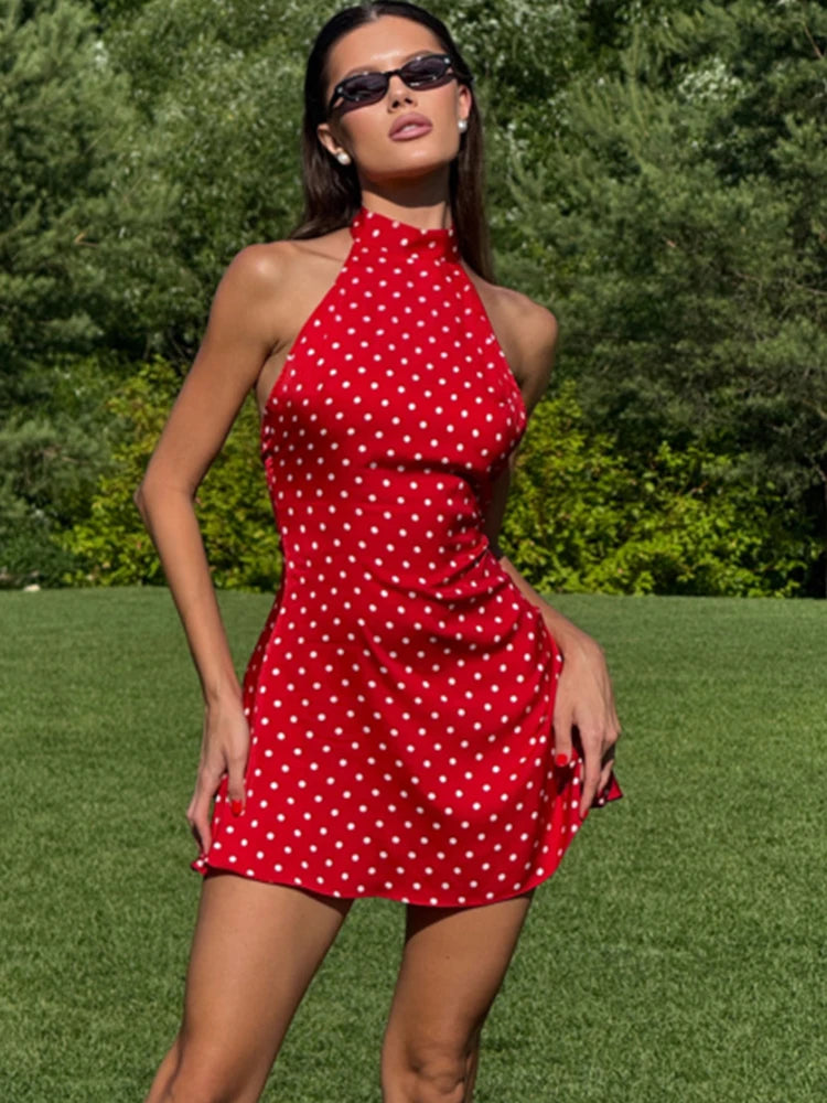 Fantoye Sexy Backless Printed Polka Dot Women Dress - High Waist Halter Mini Dress for Summer Parties
