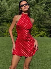 Fantoye Sexy Backless Printed Polka Dot Women Dress - High Waist Halter Mini Dress for Summer Parties