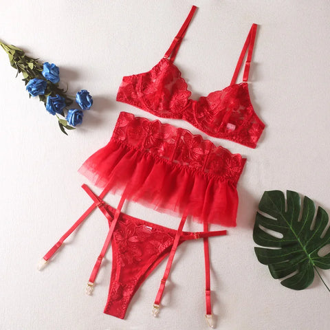 Lace Bra Set Women Transparent Mesh Patchwork Sexy Lingerie Set Floral Garter Brief Underwear Set