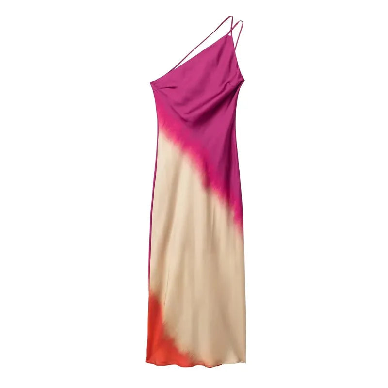 MUJER Tie Dye Long Dress - Asymmetric Satin Backless Evening Dress