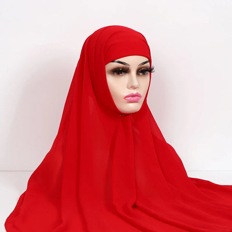 Women Muslim Chiffon Hijab with Cap Bonnet - Instant Scarf Headwrap