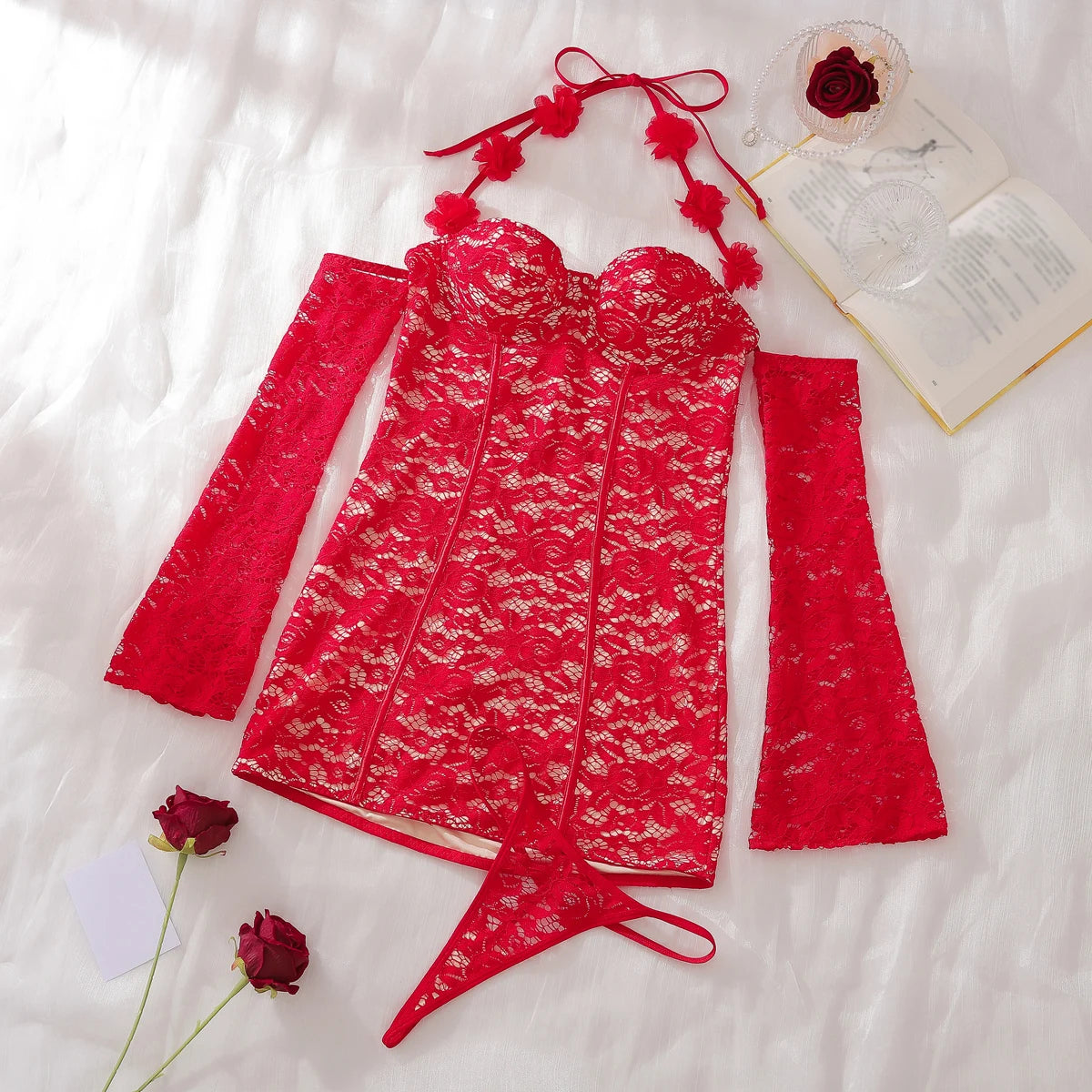 Fancy Lace Summer Dresses 2025 - Elegant Red Halter Floral Party Dress with Flare Sleeves