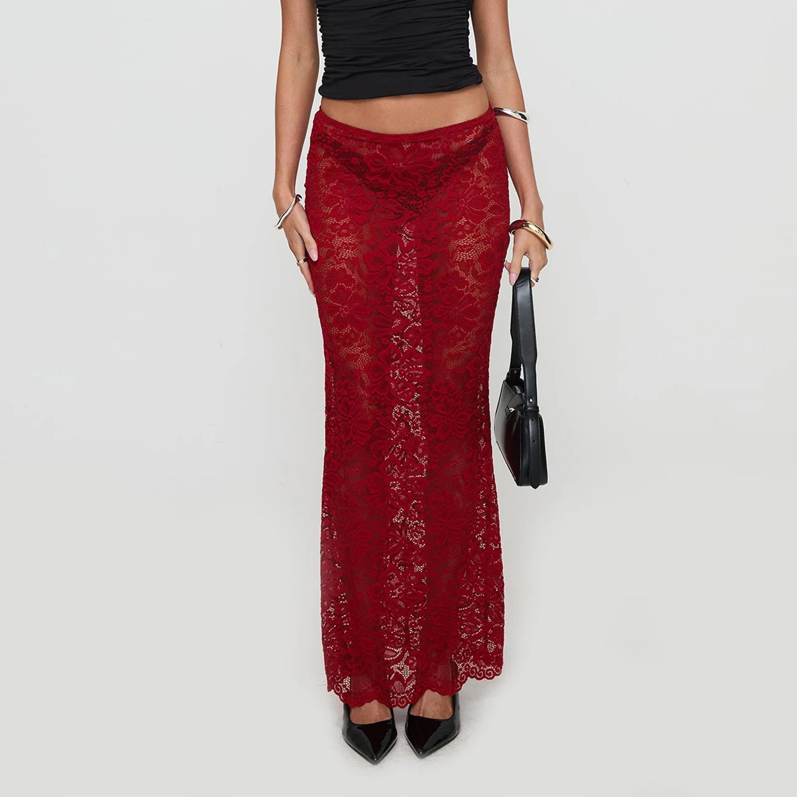 Hirigin Women Lace Long Skirts - Y2K Sheer Maxi Fishtail Beach Cover-Up