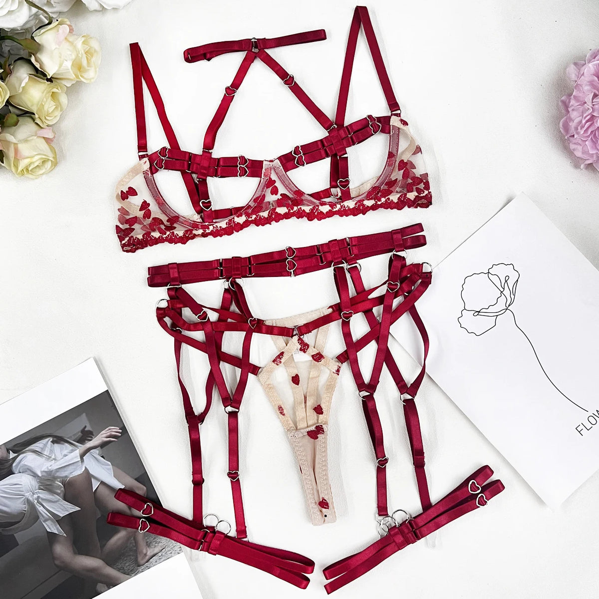 Sensual Lingerie Open Bra Kit - Push Up Uncensored Fancy Exotic Sets with Heart-Shaped Embroidery